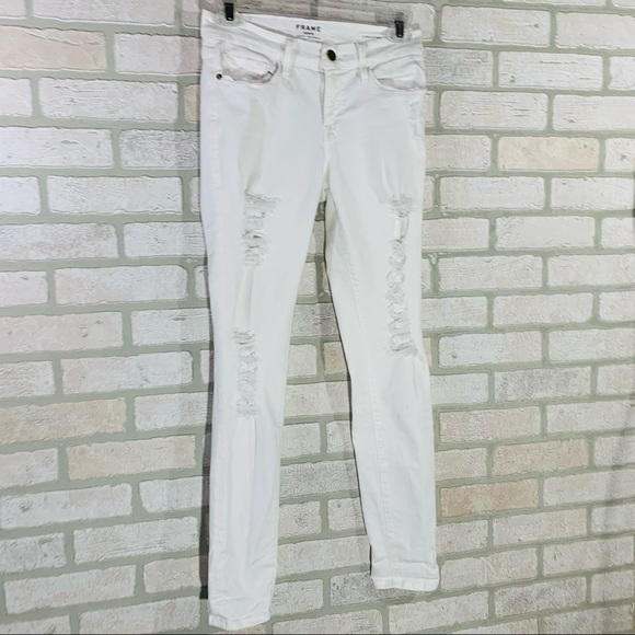 Frame Denim Le Skinny de Jeanne Blanc Distressed Skinny Jeans Size 27 - Picture 6 of 12